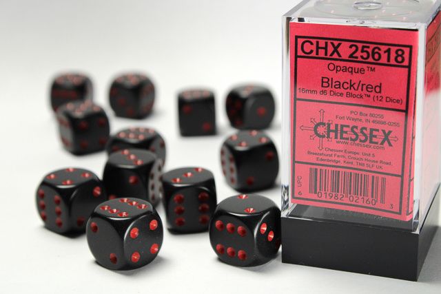 DICE SET D6 16mm OPAQUE BLACK w/ RED