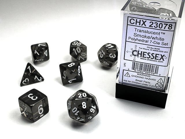 chx DICE SET 7 TRANSLUCENT SMOKE w/ WHITE