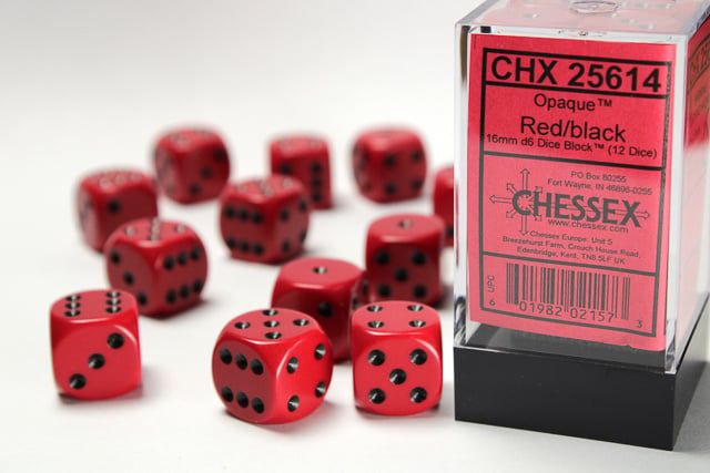 DICE SET D6 16mm OPAQUE RED w/ BLACK