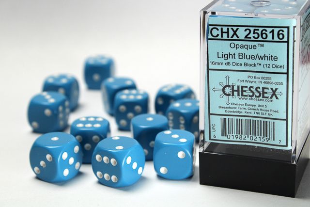 DICE SET D6 16mm OPAQUE LIGHT BLUE w/ WHITE
