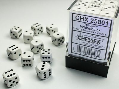 DICE SET D6 12mm OPAQUE WHITE w/ BLACK