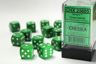 DICE SET D6 16mm OPAQUE GREEN w/ WHITE