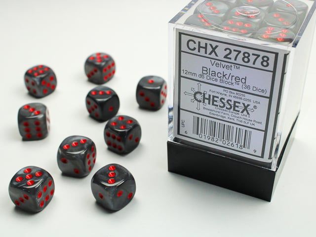 DICE SET 12mm VELVET BLACK/RED