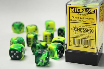 DICE SET D6 16mm GEMINI GREEN-YELLOW w/ SILVER