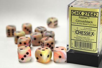 DICE SET D6 16mm FESTIVE CIRCUS w/ BLACK
