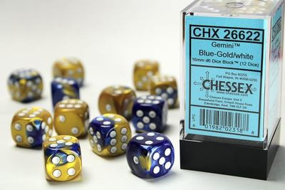 DICE SET D6 16mm GEMINI BLUE-GOLD w/ WHITE