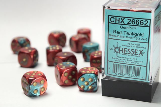 DICE SET D6 16mm GEMINI RED w/TEAL