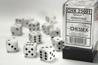 DICE SET D6 16mm OPAQUE WHITE w/ BLACK