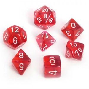 chx DICE SET 7 TRANSLUCENT RED REVISED w/ WHITE