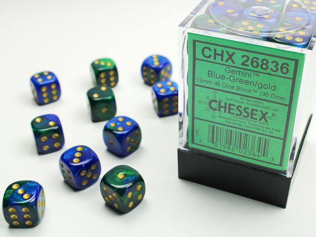 Chessex Manufacturing DND Dice Set-Chessex D&D Dice-12mm Gemini Blue Green Gold Plastic Polyhedral Dice Set Dungeons Dragons Dice Includes 36 Dice D6