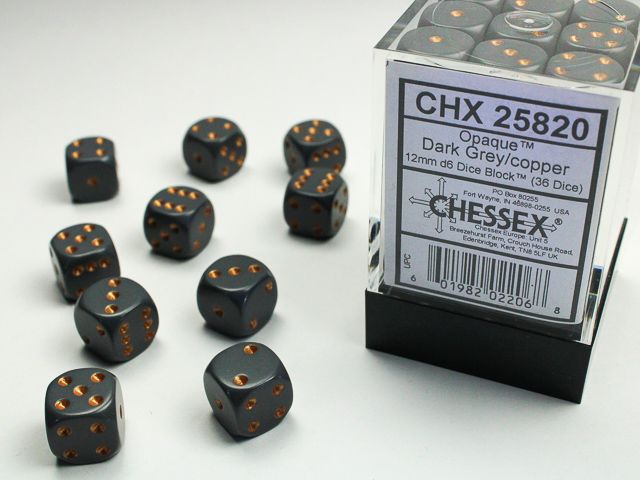 DICE SET 12mm OPAQUE DARK GREY w/COPPER