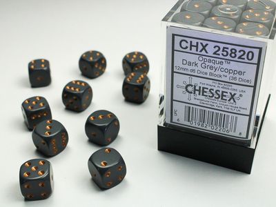 DICE SET D6 12mm OPAQUE DARK GREY w/ COPPER