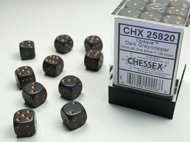 DICE SET D6 12mm OPAQUE DARK GREY w/ COPPER