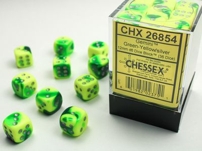 DICE SET D6 12mm GEMINI GREEN-YELLOW/SILVER