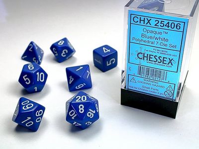 chx DICE SET 7 OPAQUE BLUE w/ WHITE