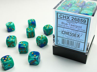 DICE SET D6 12mm GEMINI BLUE-TEAL w/ GOLD