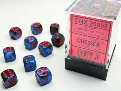 DICE SET D6 12mm GEMINI BLACK STARLIGHT w/ RED