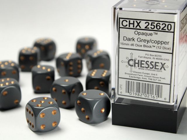 DICE SET D6 16mm OPAQUE DARK GREY w/ COPPER