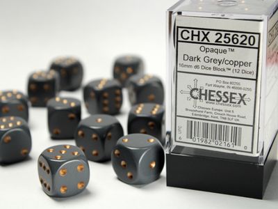 DICE SET D6 16mm OPAQUE DARK GREY w/ COPPER