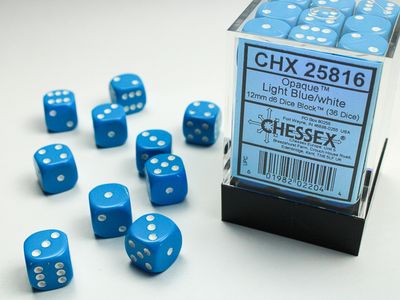 DICE SET D6 12mm OPAQUE LIGHT BLUE w/ WHITE