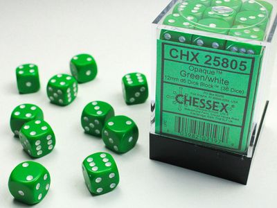 DICE SET D6 12mm OPAQUE GREEN w/ WHITE