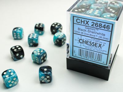 DICE SET D6 12mm GEMINI BLACK-SHELL w/ WHITE