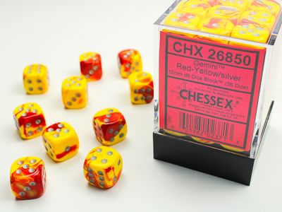 DICE SET D6 12mm GEMINI RED-YELLOW w/ SILVER