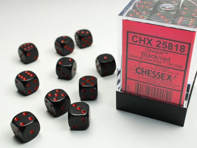 DICE SET D6 12mm OPAQUE BLACK w/ RED