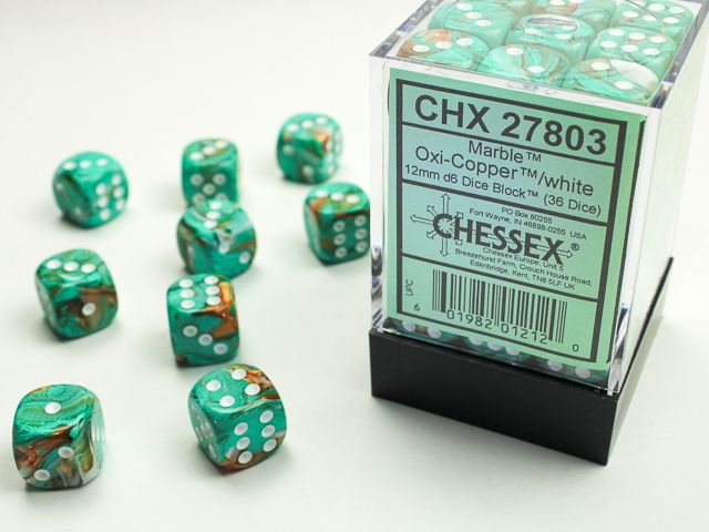 DICE SET D6 12mm MARBLE OXI-COPPER w/ WHITE