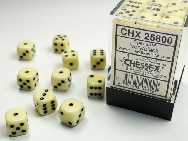 DICE SET D6 12mm OPAQUE IVORY w/ BLACK