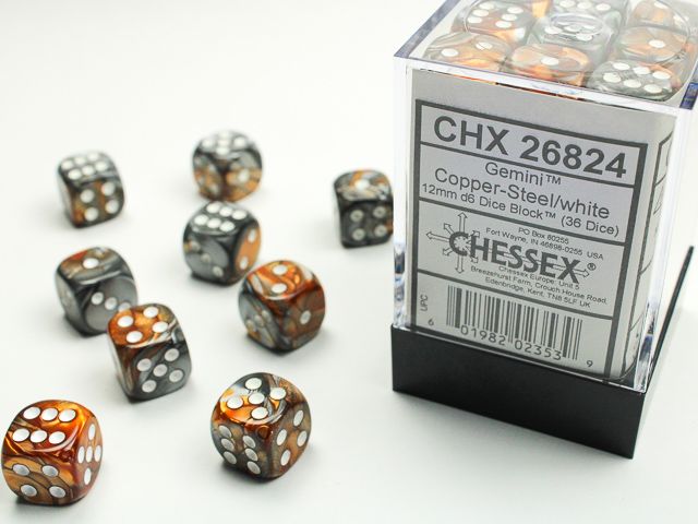 DICE SET D6 12mm GEMINI COPPER-STEEL w/ WHITE