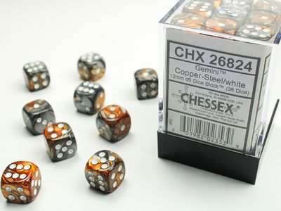 DICE SET D6 12mm GEMINI COPPER-STEEL w/ WHITE