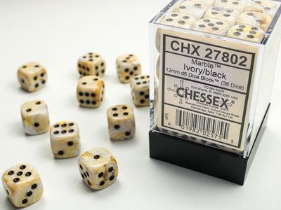 DICE SET D6 12mm MARBLE IVORY-BLACK