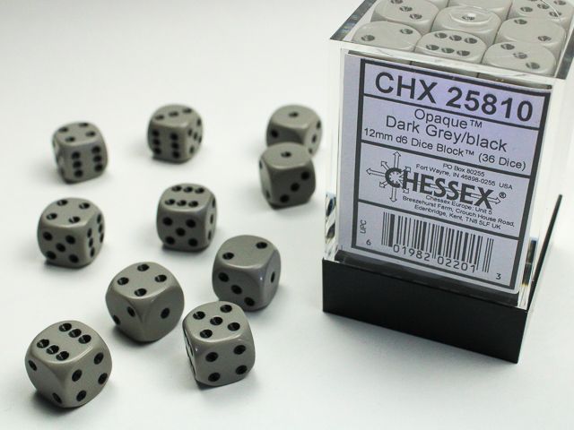 DICE SET D6 12mm OPAQUE DARK GREY w/ BLACK