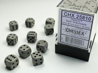 DICE SET D6 12mm OPAQUE DARK GREY w/ BLACK