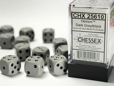 DICE SET D6 16mm OPAQUE DARK GREY w/ BLACK