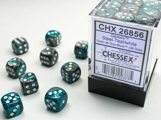 DICE SET D6 12mm GEMINI STEEL-TEAL w/ WHITE