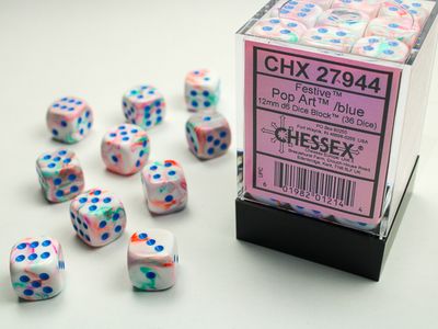 DICE SET D6 12mm FESTIVE POP ART w/ BLUE