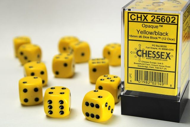 DICE SET D6 16mm OPAQUE YELLOW w/ BLACK