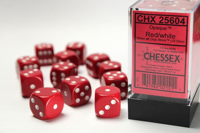 DICE SET D6 16mm OPAQUE RED w/ WHITE