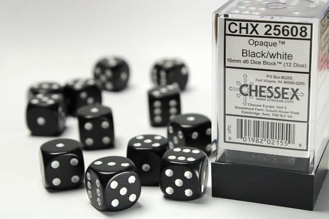 DICE SET D6 16mm OPAQUE BLACK w/ WHITE