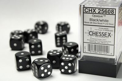 DICE SET D6 16mm OPAQUE BLACK w/ WHITE