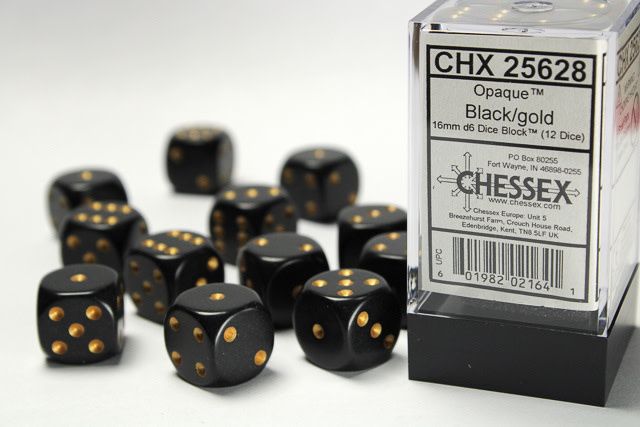 DICE SET D6 16mm OPAQUE BLACK w/ GOLD