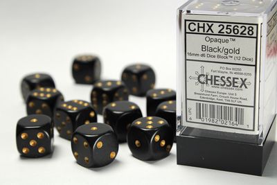 DICE SET D6 16mm OPAQUE BLACK w/ GOLD