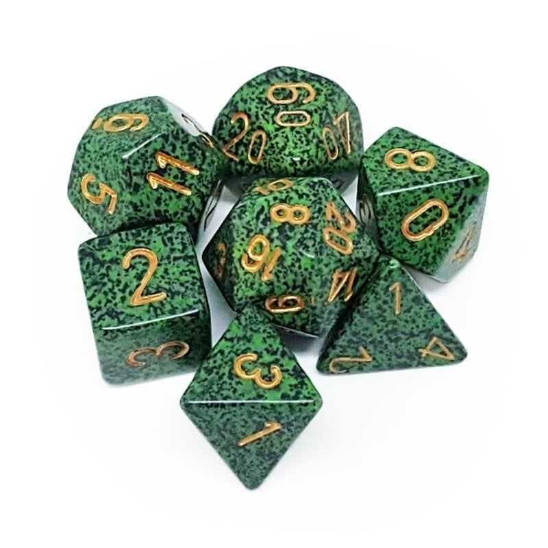 chx DICE SET 7 SPECKLED GOLDEN RECON