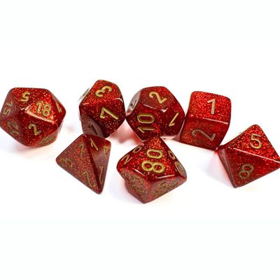 chx DICE SET 7 GLITTER RUBY RED w/ GOLD