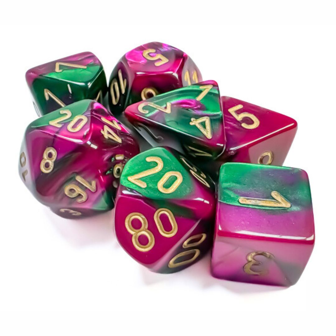 chx DICE SET 7 GEMINI GREEN-PURPLE