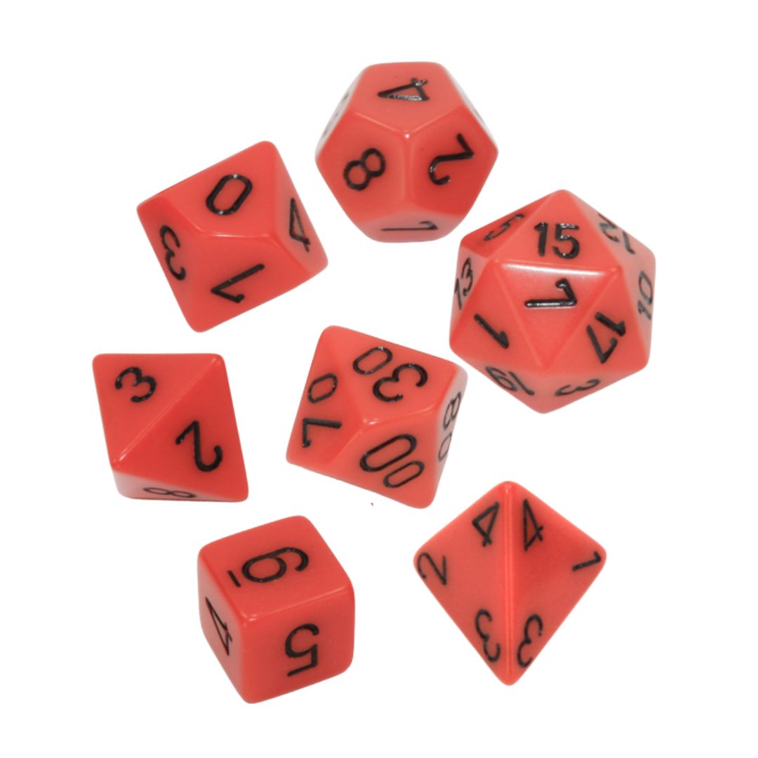 chx DICE SET 7 OPAQUE ORANGE w/ BLACK