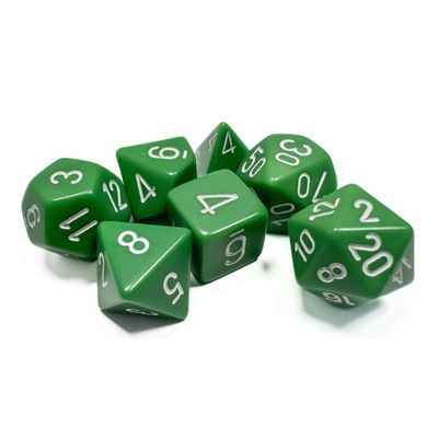 chx DICE SET 7 OPAQUE GREEN w/ WHITE