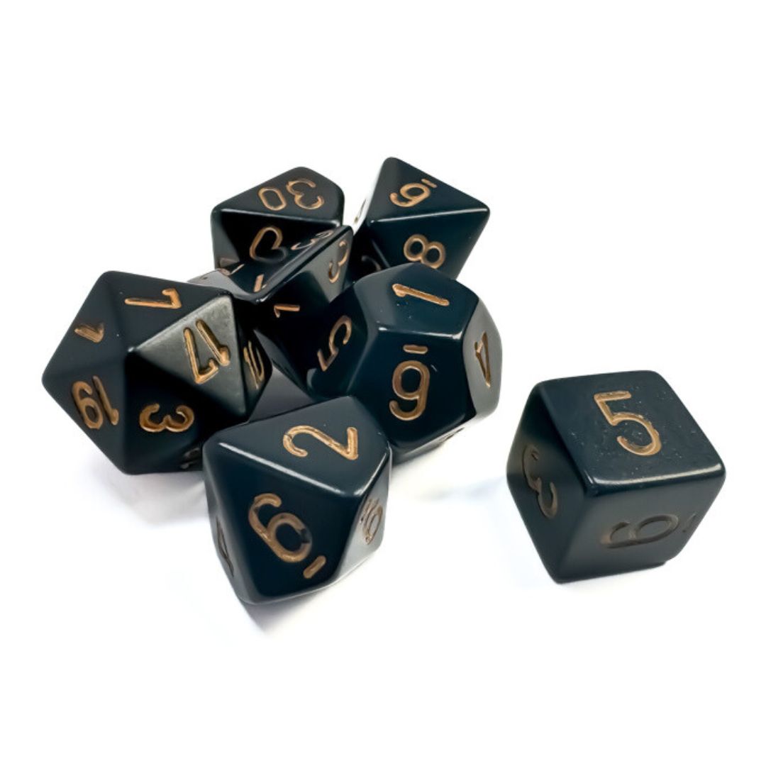 chx DICE SET 7 OPAQUE BLACK w/ GOLD